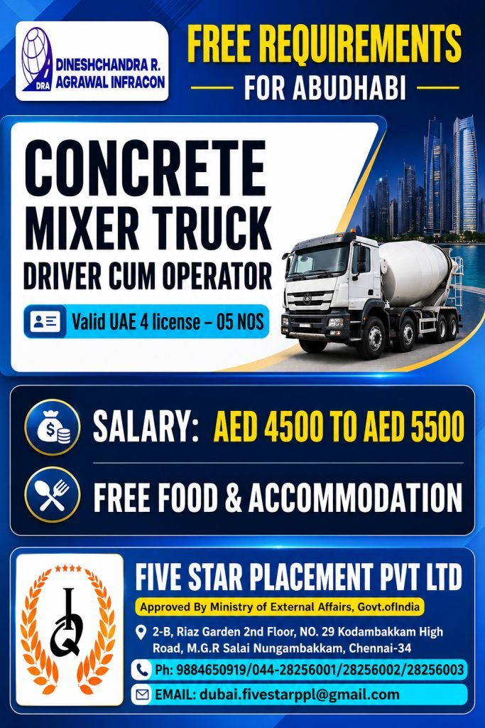 FREE REQUIREMENTS FOR ABUDHABI-CONCRETE MIXER TRUCK DRIVER CUM OPERATOR — Five Star Placement Pvt Ltd, UAE, UAE