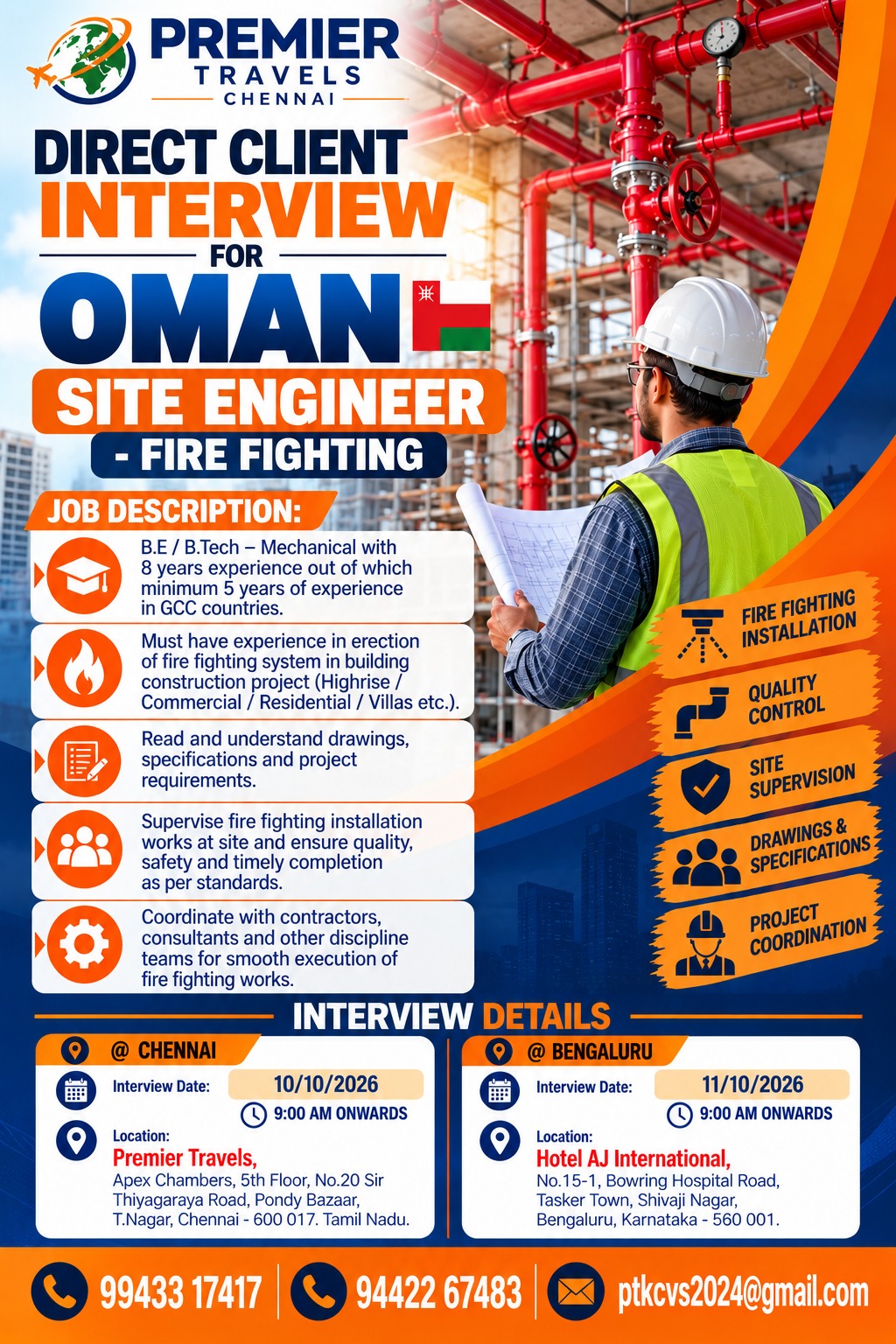 Site Engineer - Fire Fighting — Premier Travels, Oman, Oman