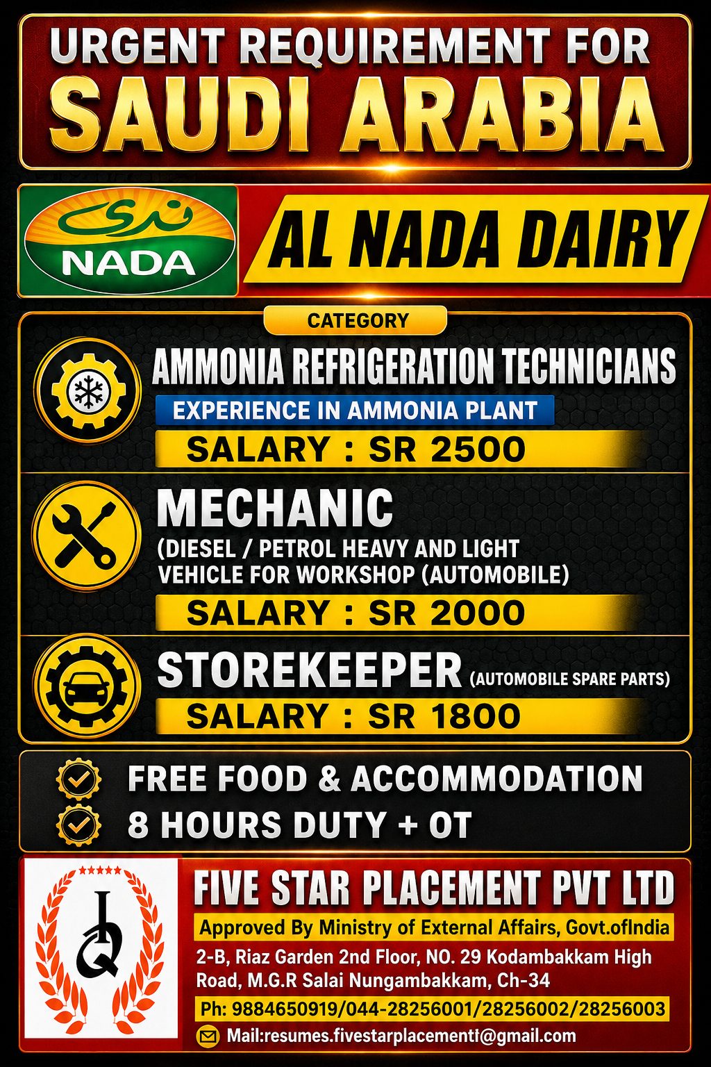 URGENT REQUIREMENT FOR SAUDI ARABIA - ALNADA DAIRY — Five Star Placement Pvt Ltd, SAUDI ARABIA, SAUDI ARABIA