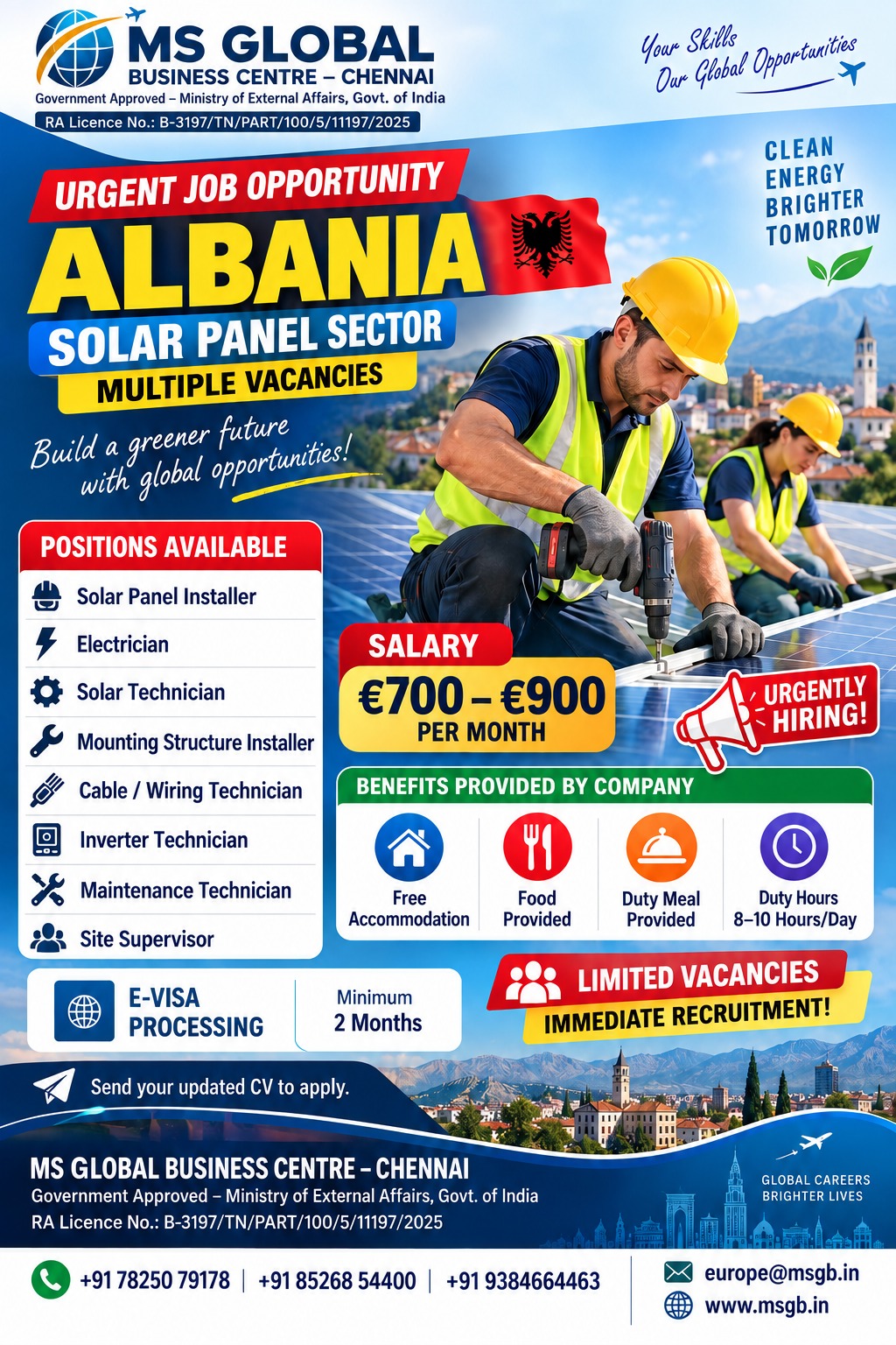 URGENTLY HIRING FOR ALBANIA - SOLAR PANEL SECTOR