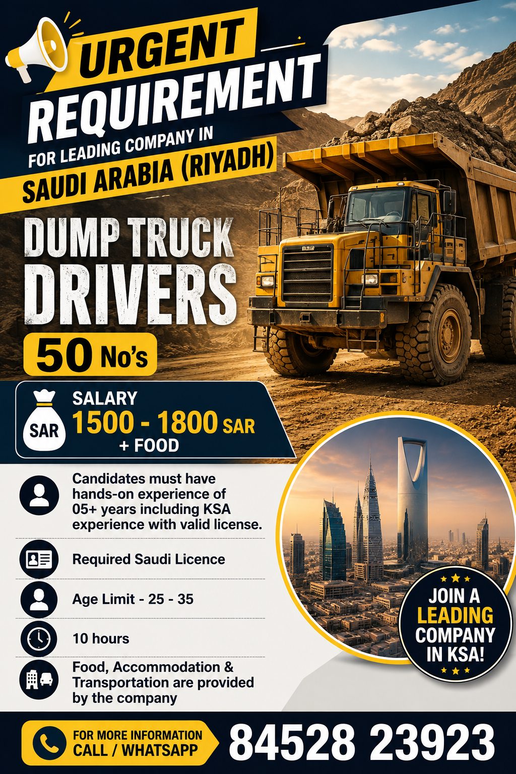 URGENT REQUIREMENT FOR LEADING COMPANY IN SAUDI ARABIA - (RIYADH) (DUMP TRUCK DRIVERS)