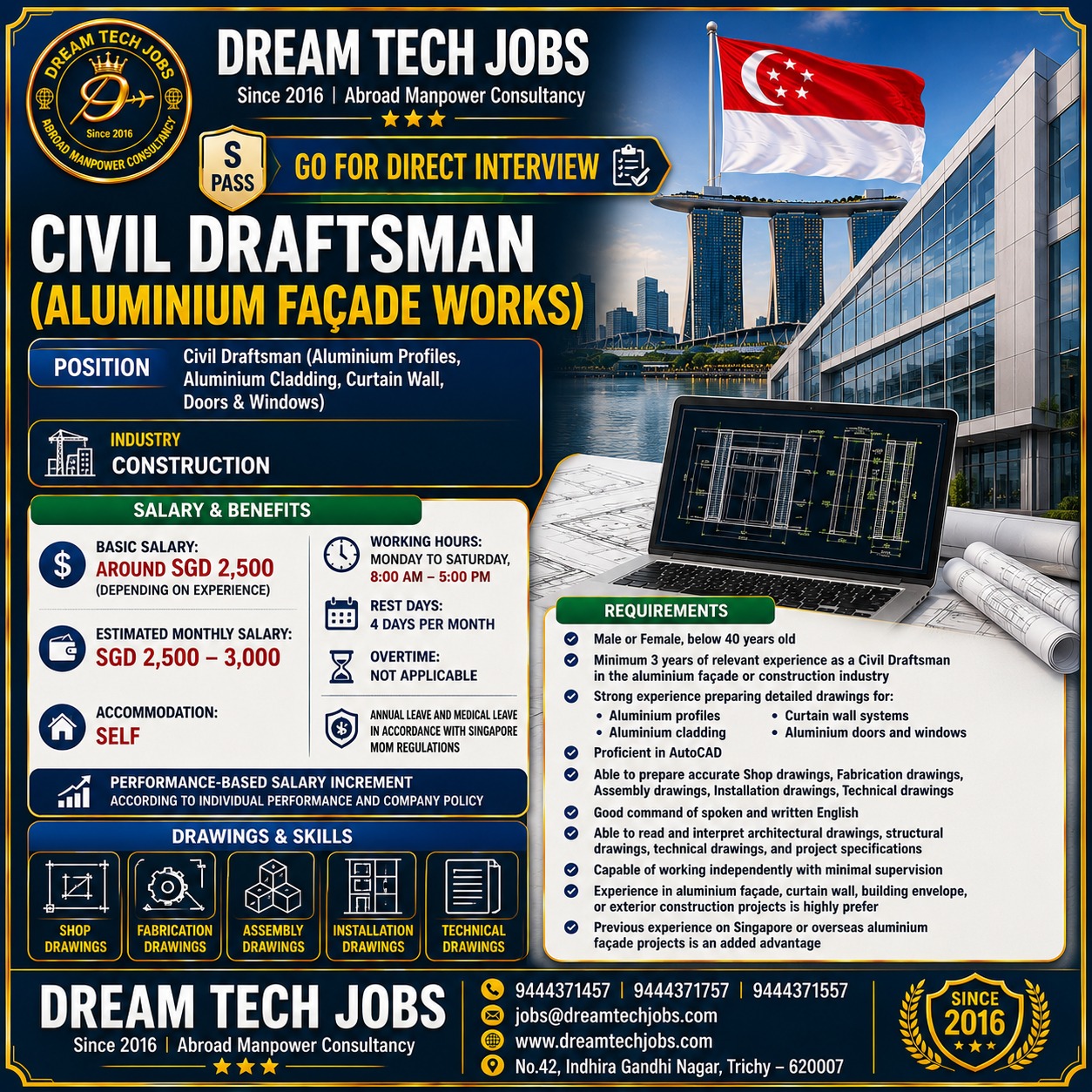 Civil Draftsman (Aluminium Façade Works) — Dream Tech Jobs - Trichy, Singapore