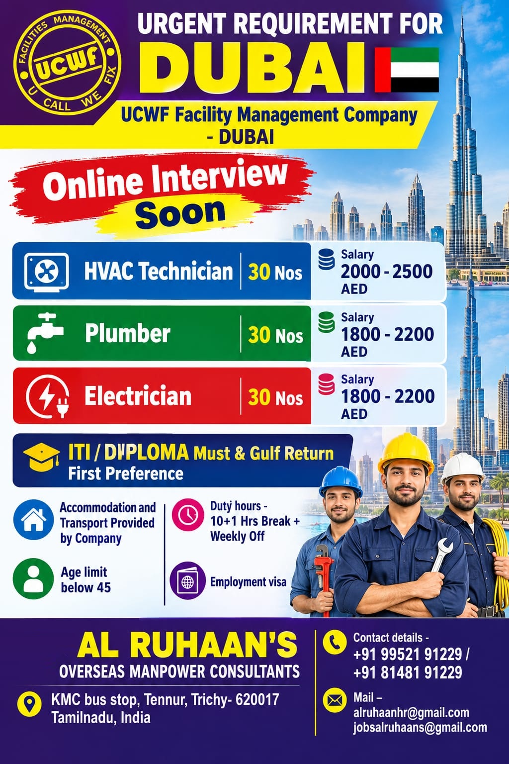 Urgent Requirement for Dubai - UCWF Facility Management Company — AL RUHAAN OVERSEAS MANPOWER CONSULTANTS, United Arab Emirates, United Arab Emirates