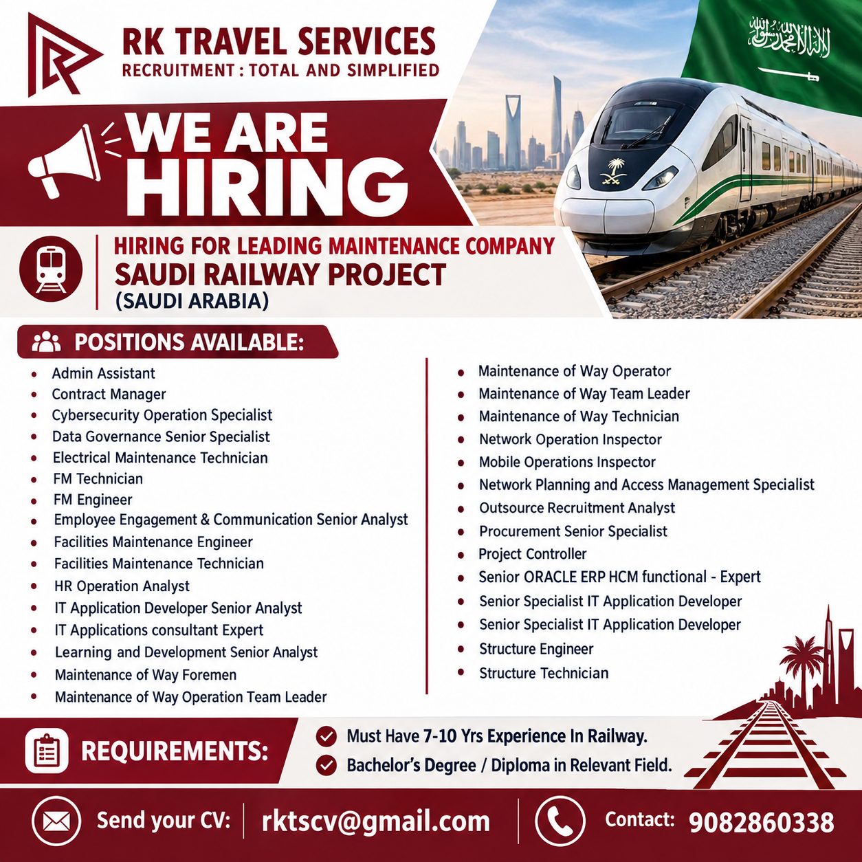 HIRING FOR LEADING MAINTENANCE COMPANY SAUDI RAILWAY PROJECT