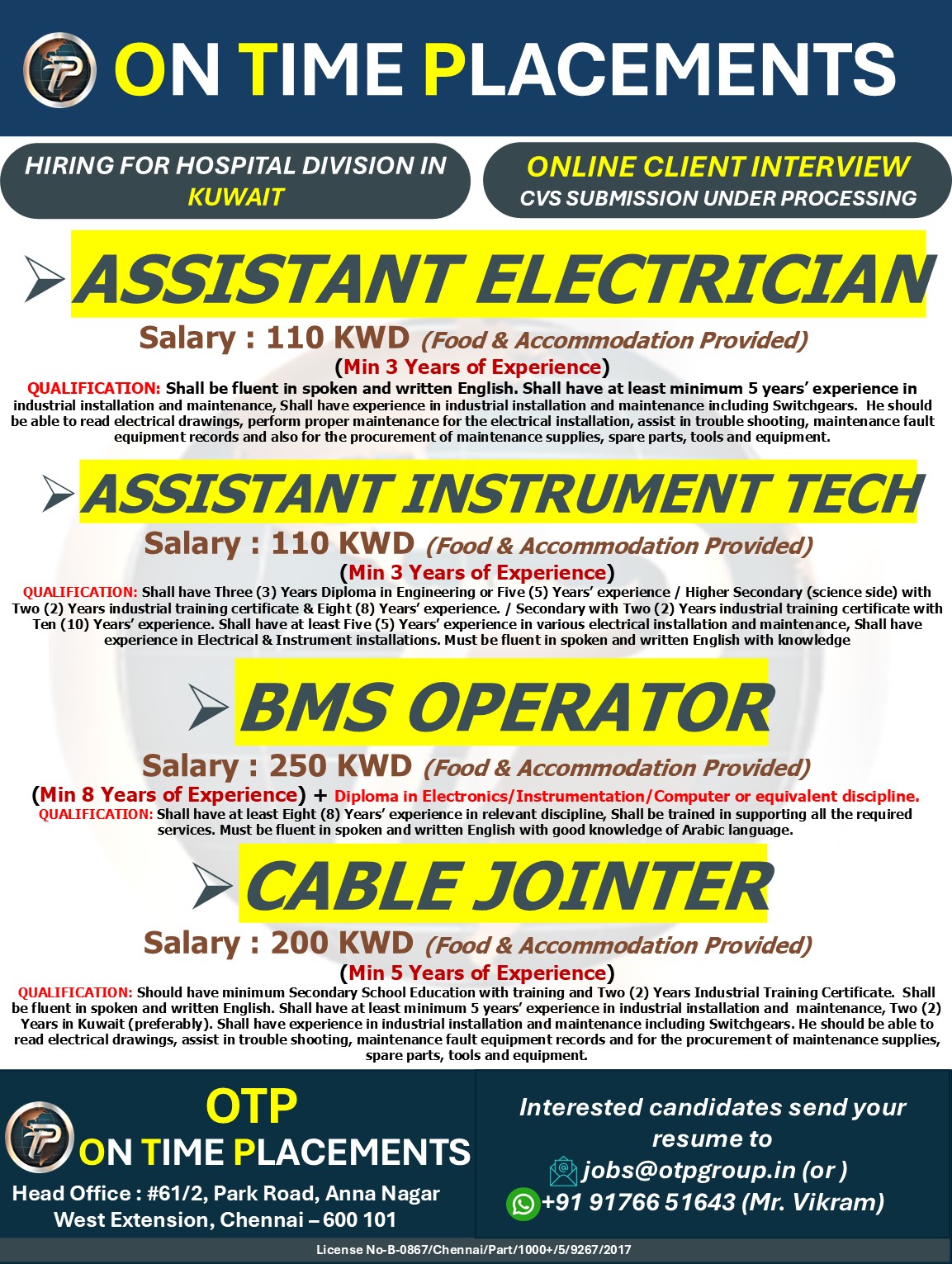 Hospital Division Hiring — ON TIME PLACEMENTS, Kuwait
