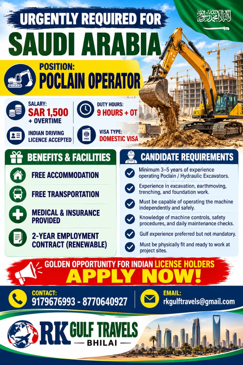 EXCAVATOR OPERATOR REQUIRED FOR SAUDI ARABIA.