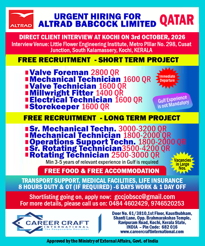 Electrician, Valve Technician, Valve Foreman — CAREER CRAFT INTERNATIONAL, Qatar, Qatar