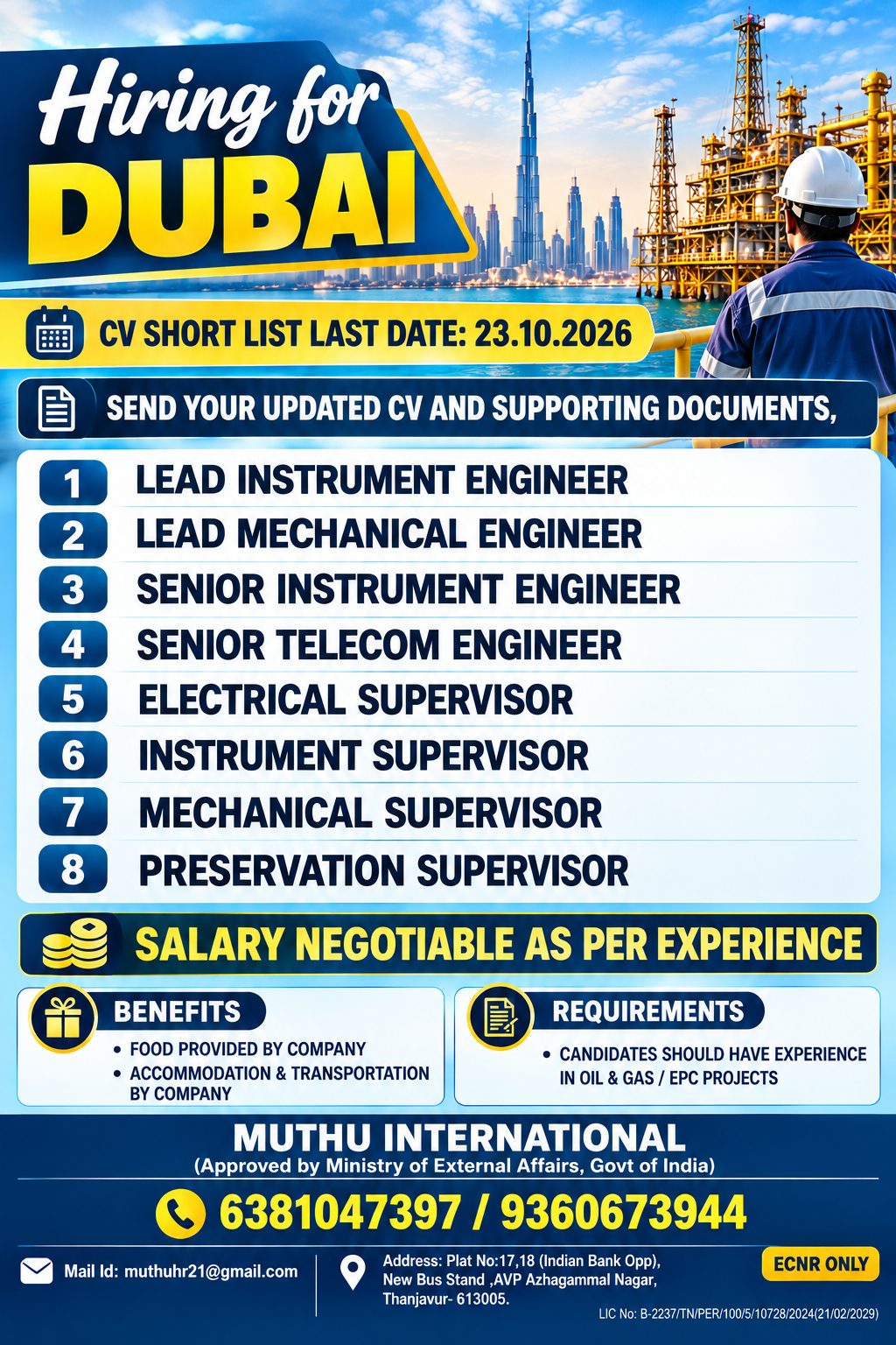 Multiple Engineering & Supervisory Positions - Dubai — MUTHU INTERNATIONAL, United Arab Emirates, United Arab Emirates