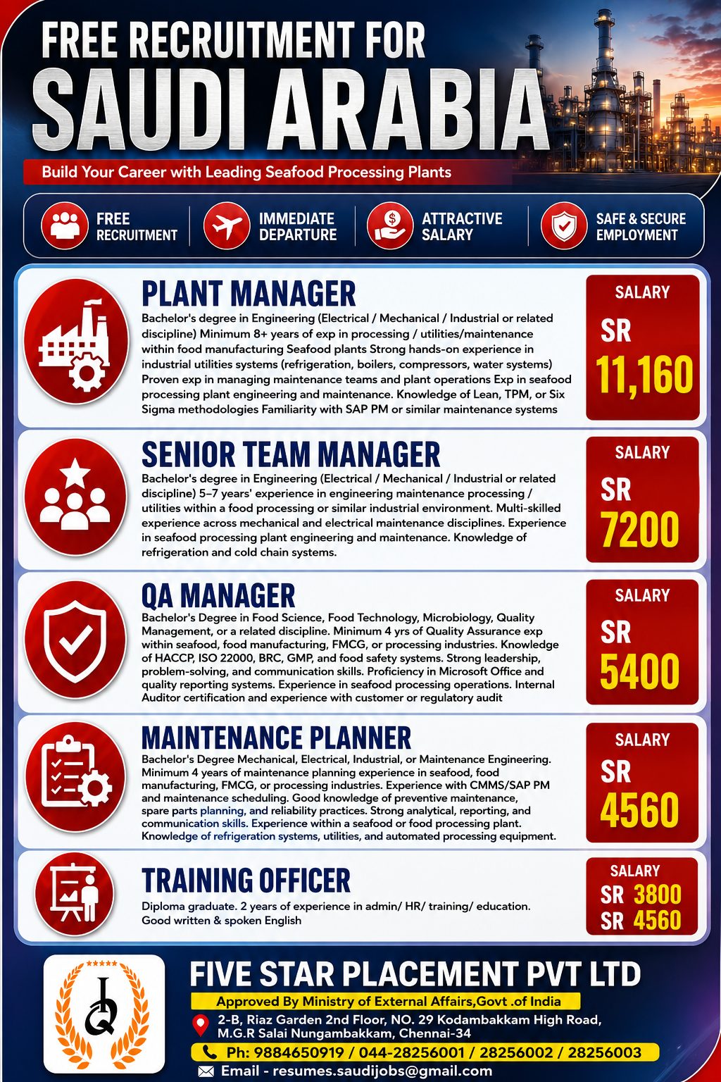 SAUDI ARABIA FREE RECRUITMENT — Five Star Placement Pvt Ltd, SAUDI ARABIA, SAUDI ARABIA