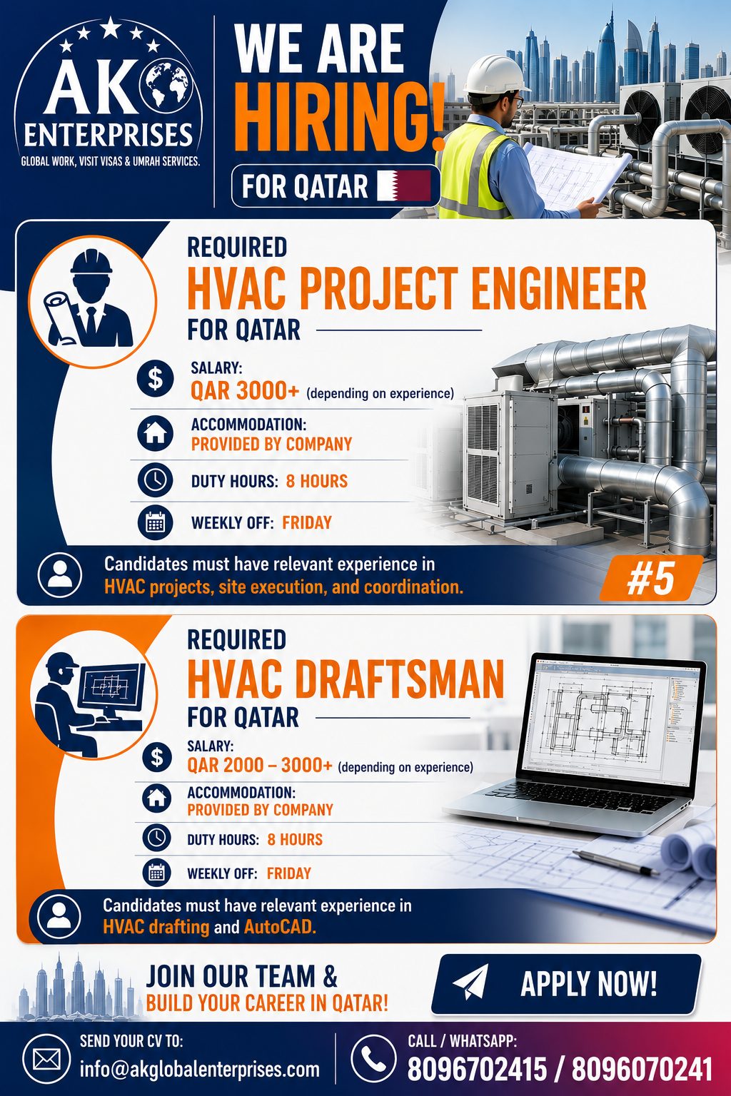 Urgently Hiring for Qatar-Hvac Project Engineer & Hvac Project Draftsman only Muslim Candidate can Apply — AK ENTERPRISES, Qatar, Qatar