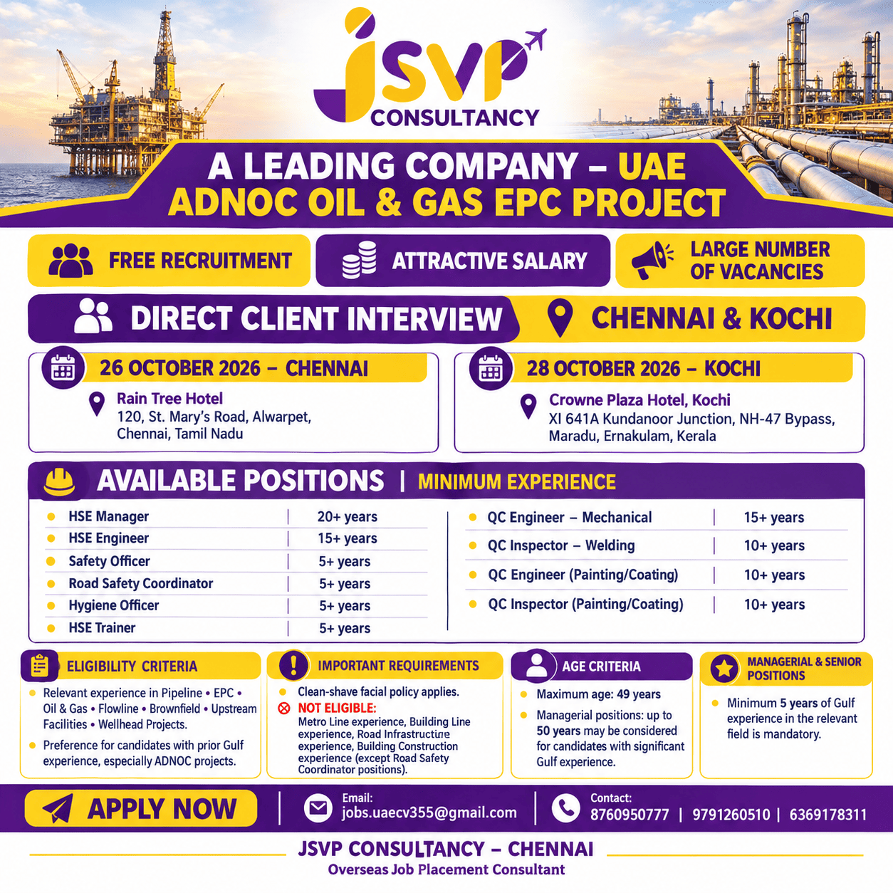 ADNOC Oil & Gas EPC Project – Multiple Positions — JSVP CONSULTANCY, UAE, UAE