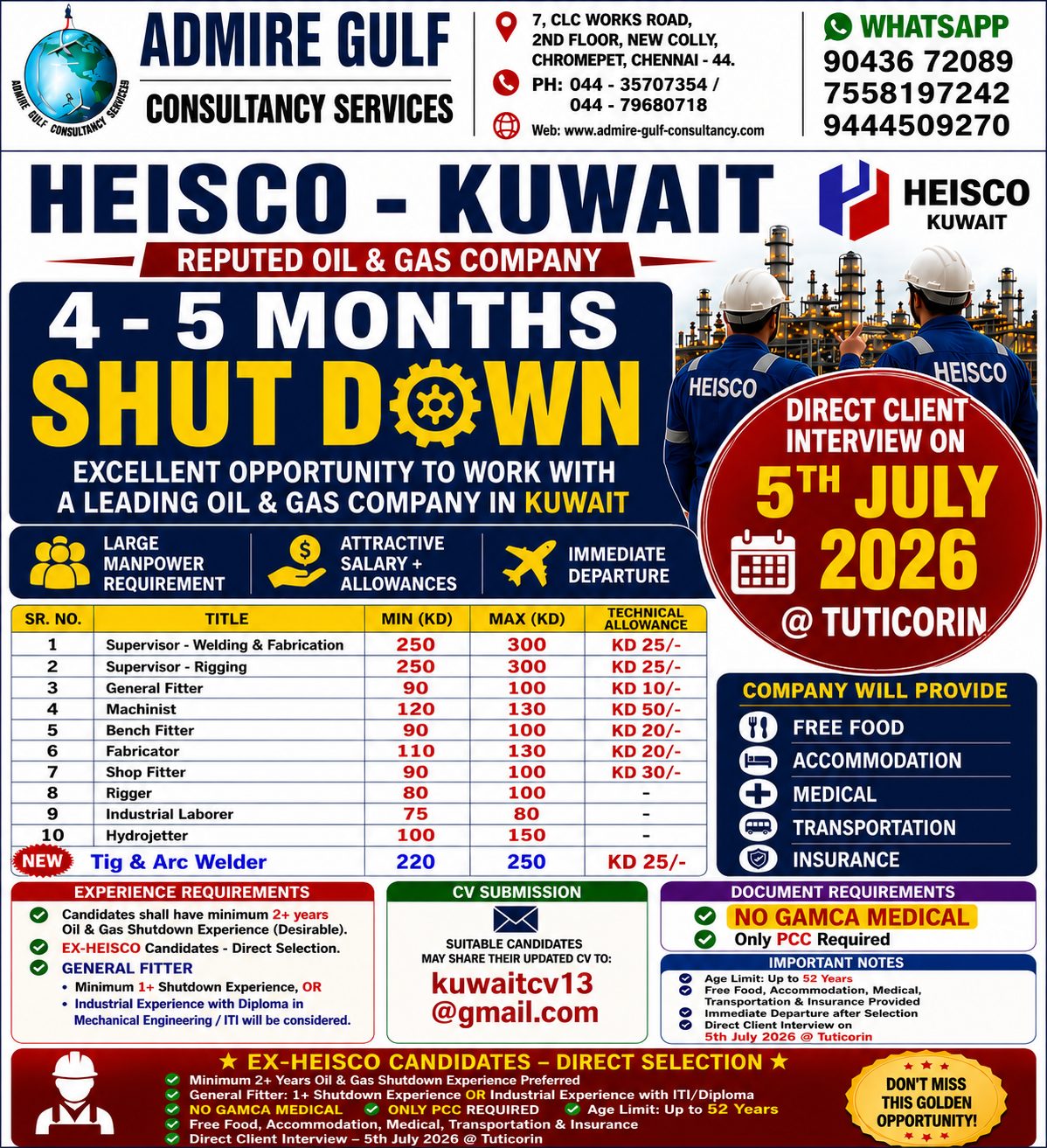 HEISCO Kuwait - 4-5 Months Shutdown Project — admire gulf consultancy services, Kuwait