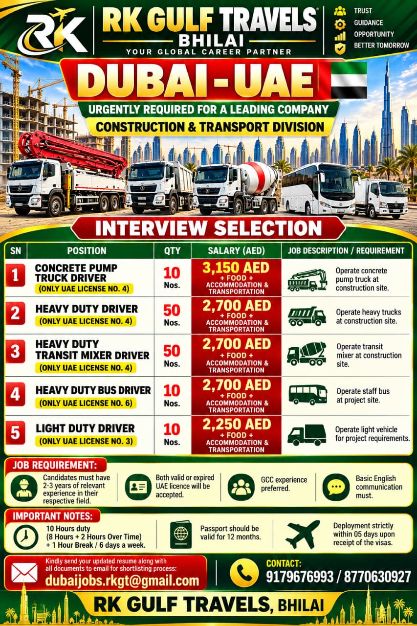 HIRING FOR A LEADING COMPANY FOR THEIR CONSTRUCTION & TRANSPORT DIVISION – DUBAI.