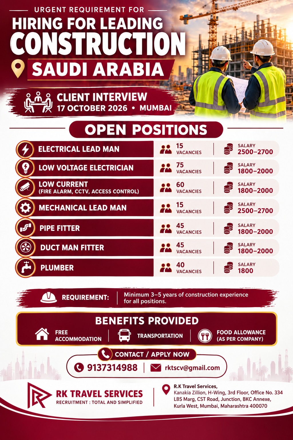 Hiring for Leading Construction - Saudi Arabia — RK Travel Services, Saudi Arabia, Saudi Arabia