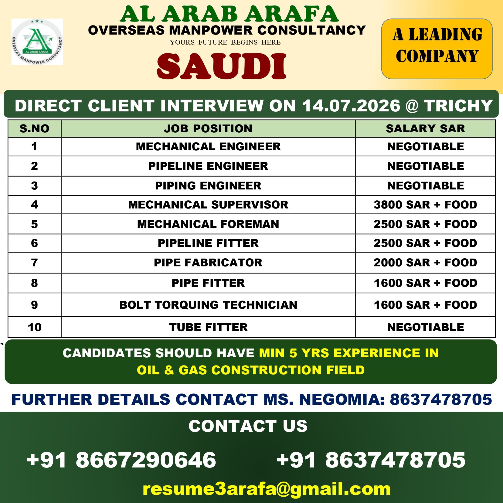 DIRECT CLIENT INTERVIEW ON 14.07.2026 @ TRICHY — Al Arab Arafa Consultancy Pvt LTD, SAUDI, SAUDI