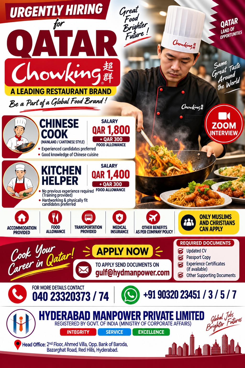 Hiring Cook & Helper for Qatar
