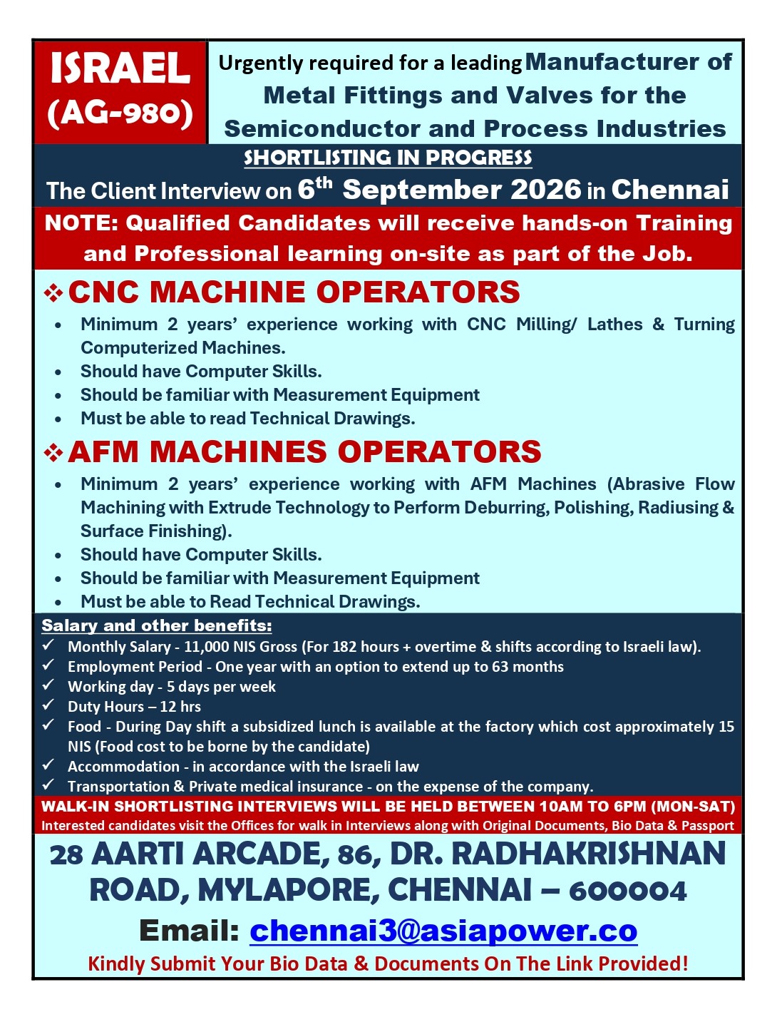 ISRAEL JOB — ASIAPOWER RECRUITMENTCONSULTANTS LTD, Chennai, ISRAEL, ISRAEL