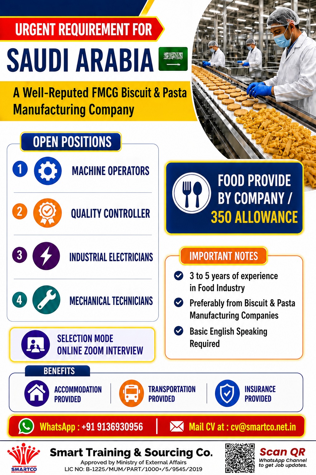 URGENT REQUIREMENT FOR SAUDI ARABIA 🇸🇦 🏭 A Well-Reputed FMCG Biscuit & Pasta Manufacturing Company 📌 Open Positions