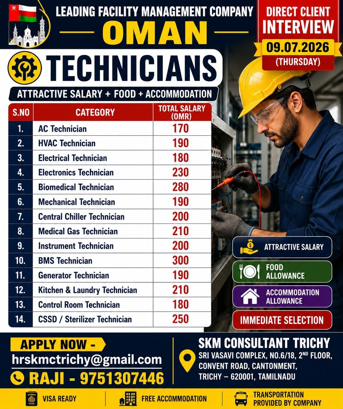 AC TECHINICIAN, HVAC TECHNICIAN,  ELECTRICAL TECHNICIAN, ELECTRONICS TECHNICIAN — SKM CONSULTANT, OMAN