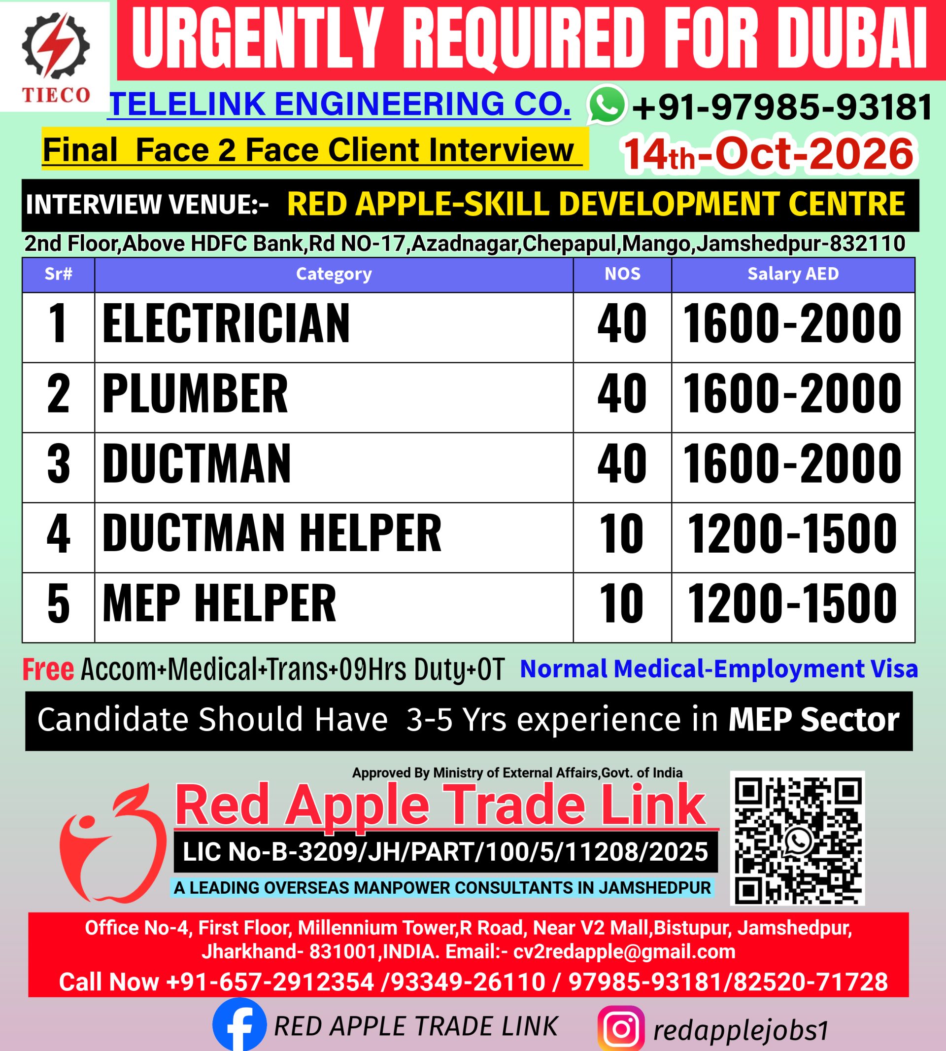 MEP Sector Jobs - Dubai — RED APPLE TRADE LINK, United Arab Emirates