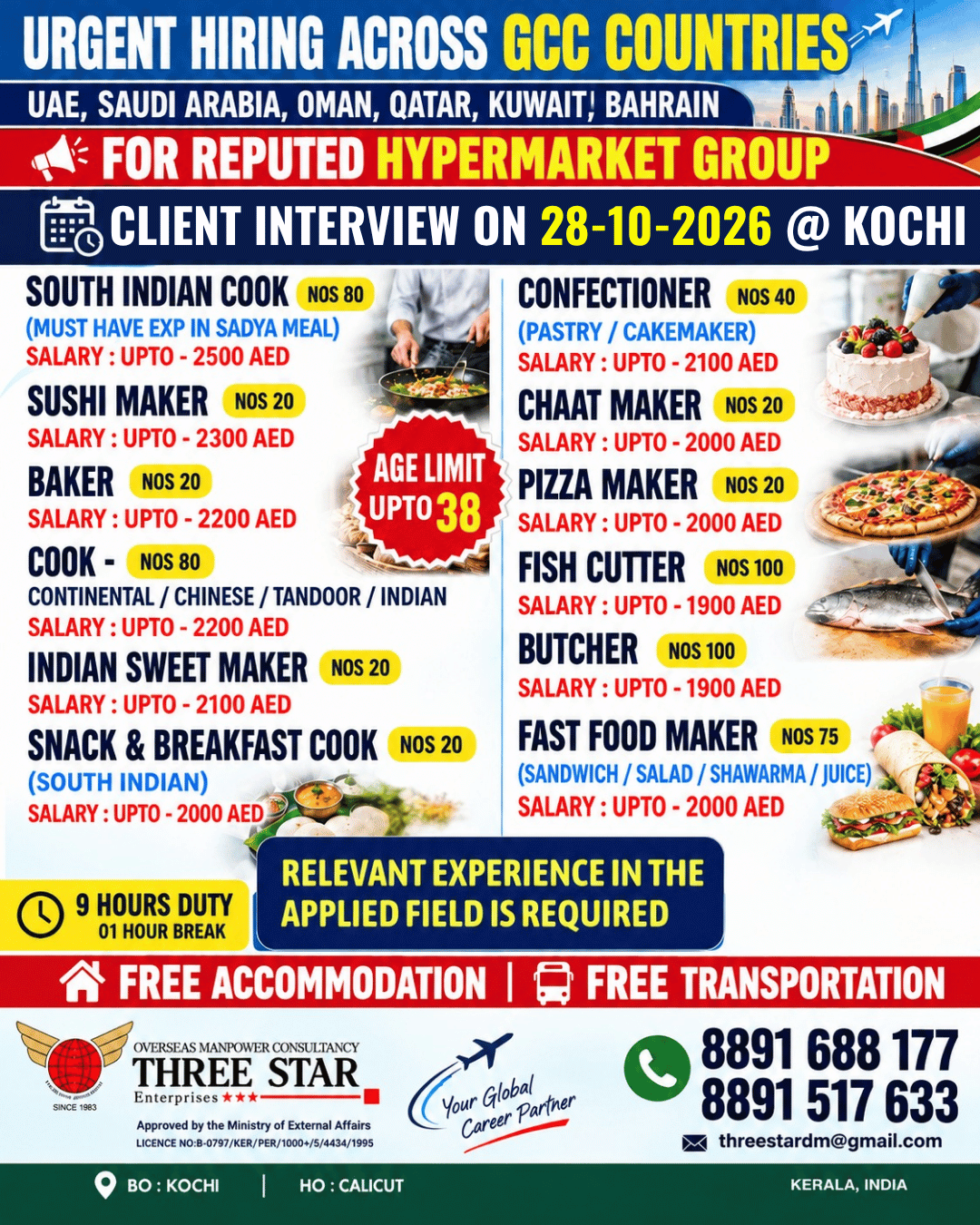 Urgent Hiring Across GCC Countries - Hypermarket Group — THREE STAR ENTERPRISES, UAE, Saudi Arabia, Oman, Qatar, Kuwait, Bahrain