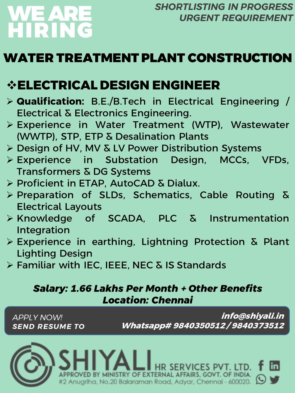Water Treatment Plant Construction - Electrical Design Engineer — SHIYALI HR SERVICES, India, India