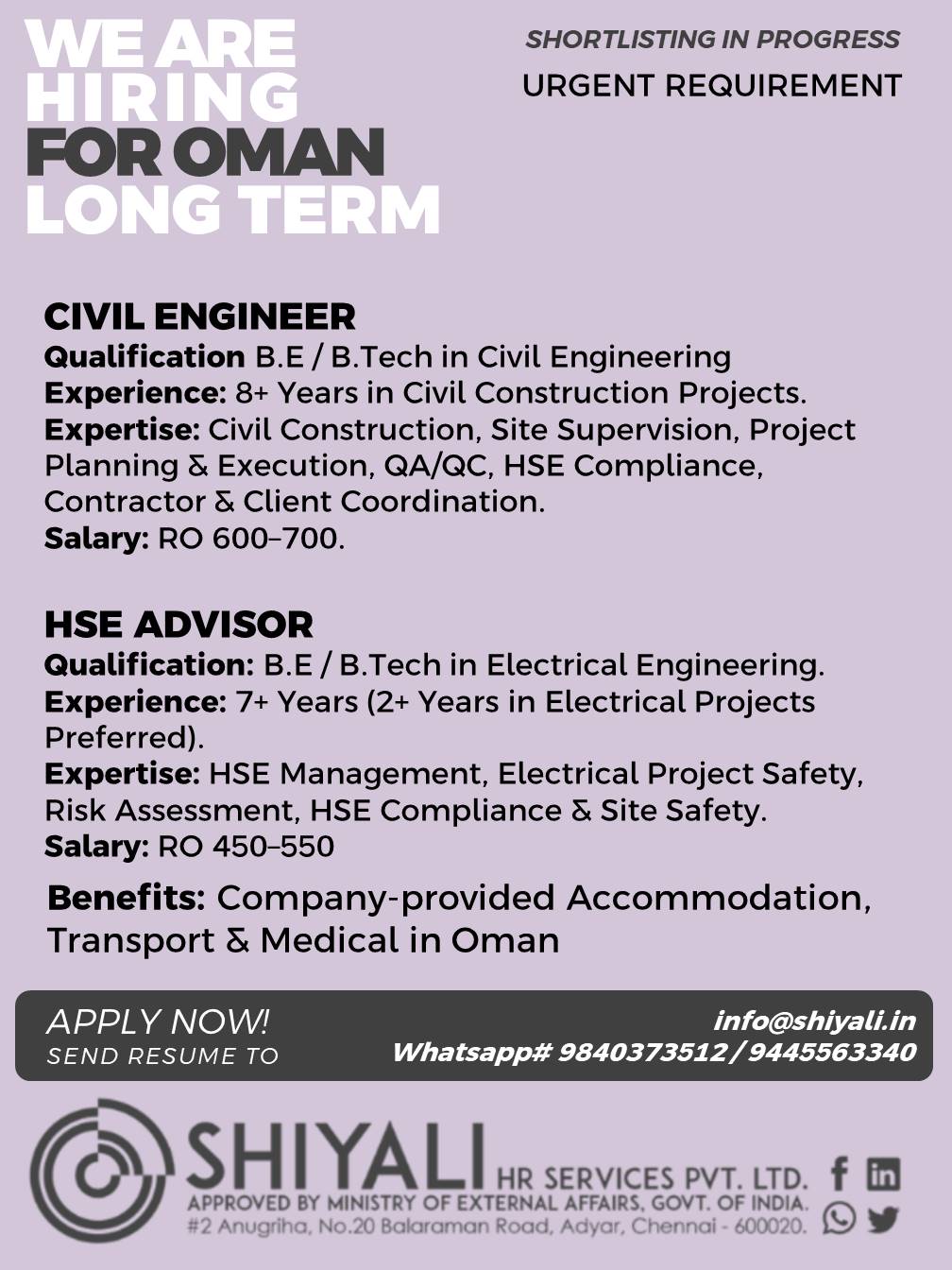 We Are Hiring for Oman Long Term