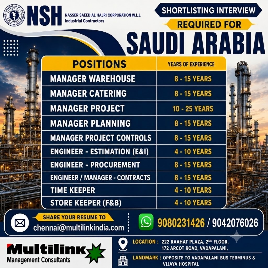 Multiple Positions - Saudi Arabia — MULTILINK
MANAGEMENT
CONSULTANTS PVT.
LTD, Saudi Arabia, Saudi Arabia