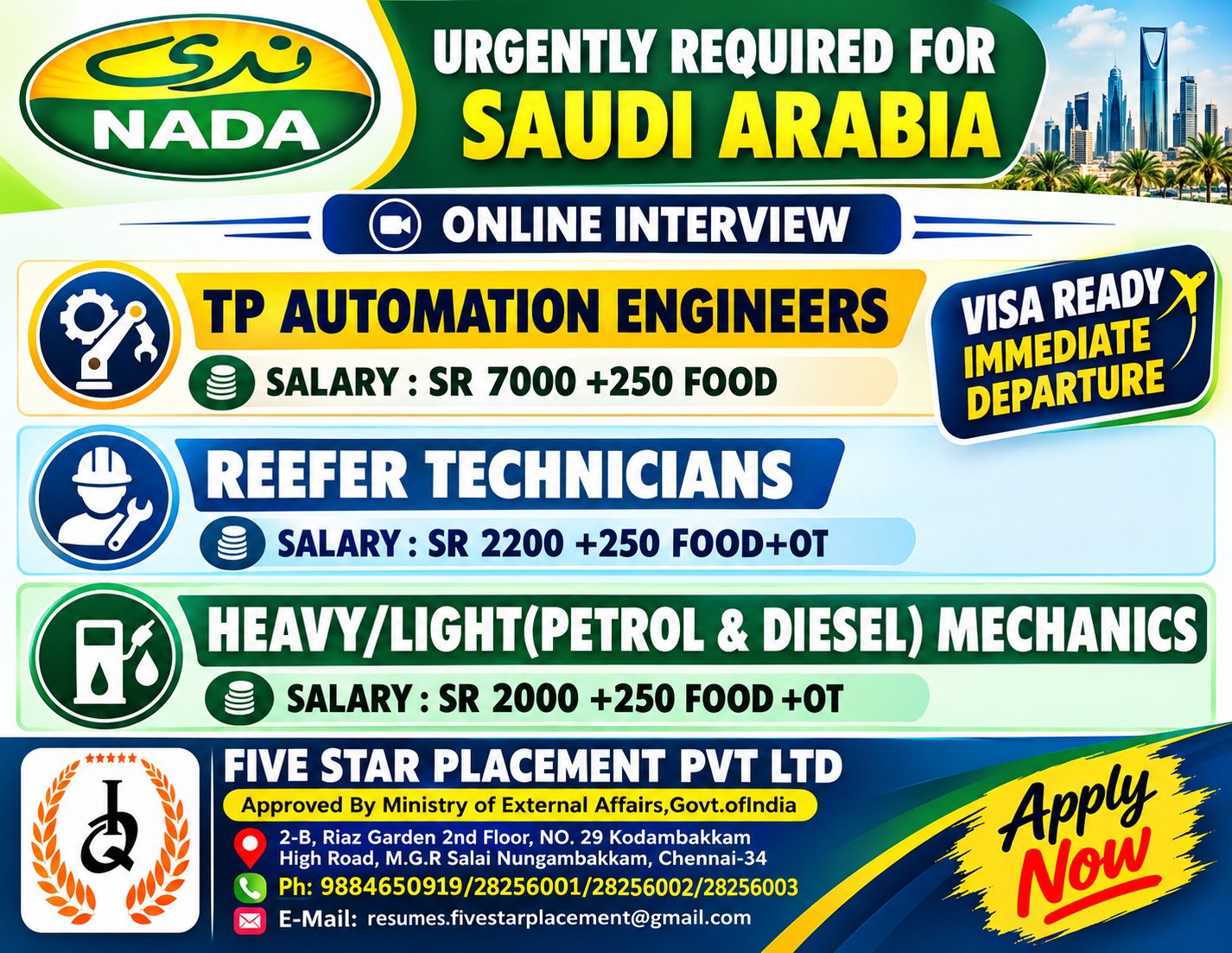 URGENTLY REQUIRED FOR KSA — Five Star Placement Pvt Ltd, SAUDI ARABIA