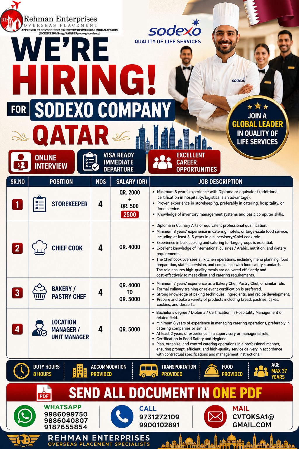 Hospitality Staff Recruitment for Sodexo Company — Rehman Enterprises, Qatar, Qatar