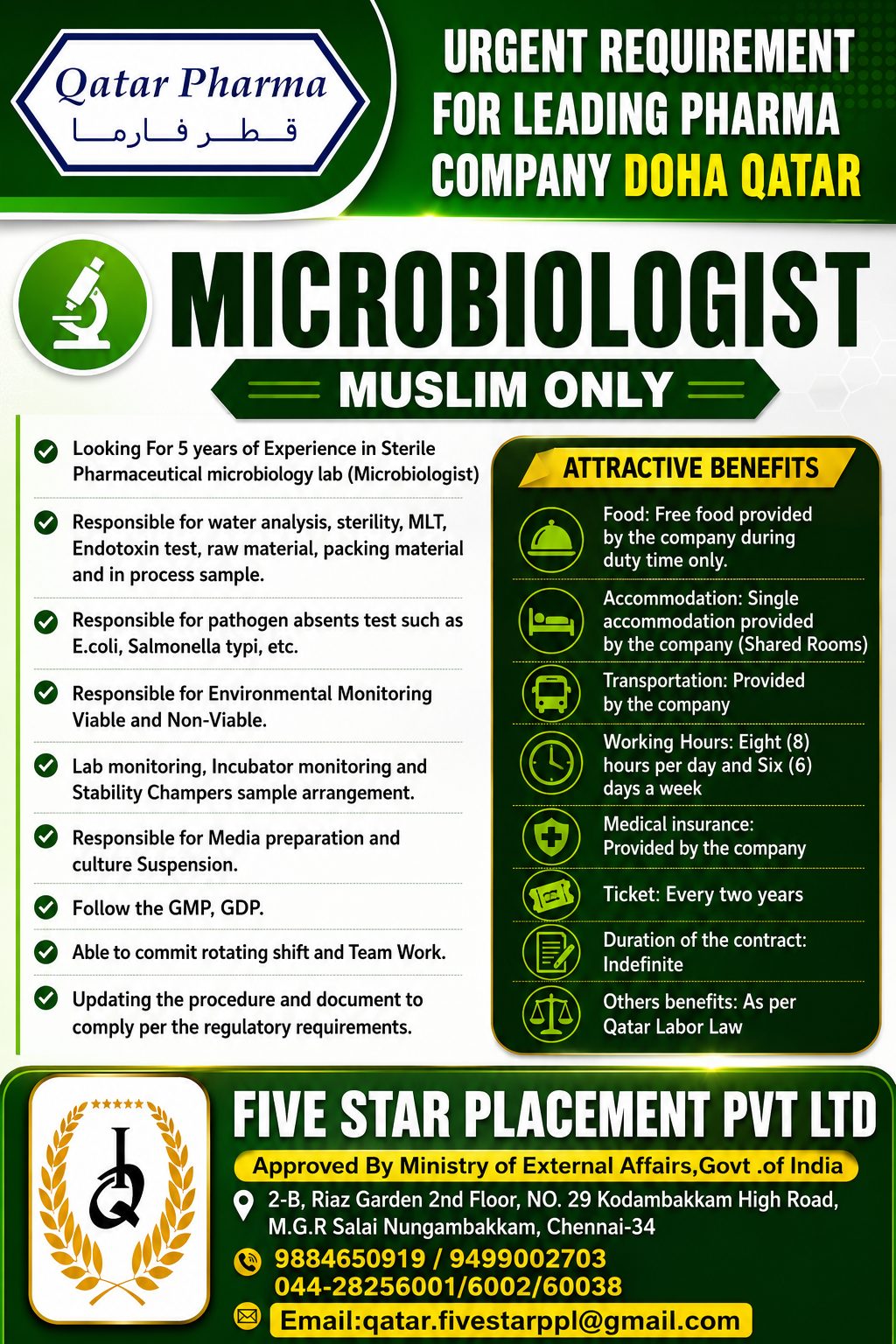 MICROBILOGIST  - MUSLIM ONLY — Five Star Placement Pvt Ltd, DOHA QATAR, DOHA QATAR