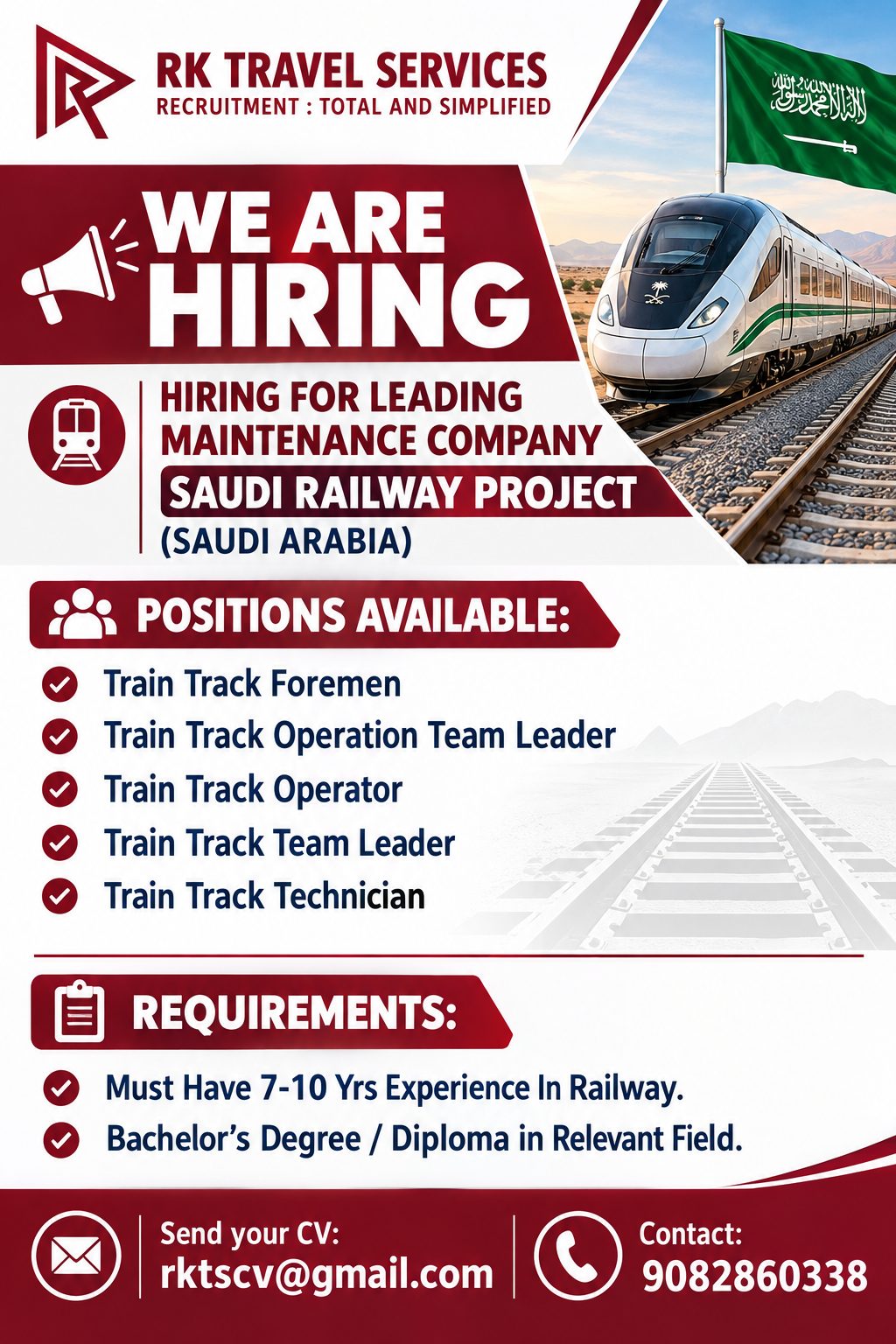 WE ARE HIRING – SAUDI ARABIA 🇸🇦 Leading Maintenance Company – Saudi Railway Project