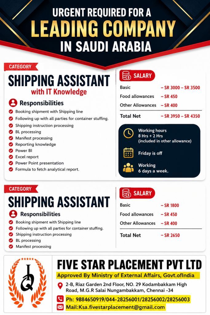 URGENT REQUIRED FOR A LEADING COMPANY IN SAUDI ARABIA -SHIPPING — Five Star Placement Pvt Ltd, SAUDI ARABIA, SAUDI ARABIA