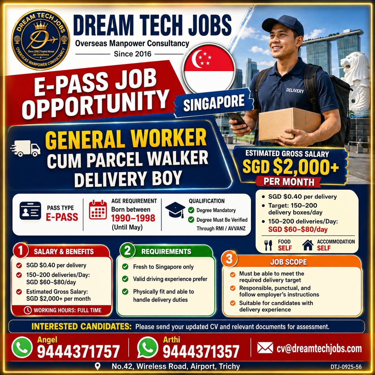 General Worker cum Parcel Walker Delivery Boy — DREAM TECH JOBS -TRICHY, Singapore, Singapore