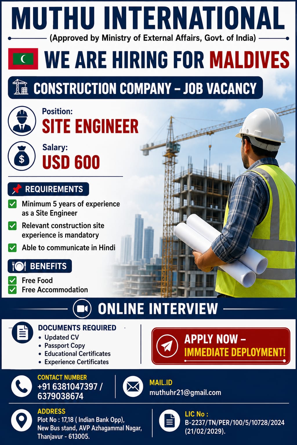 Site Engineers — MUTHU INTERNATIONAL, Maldives, Maldives