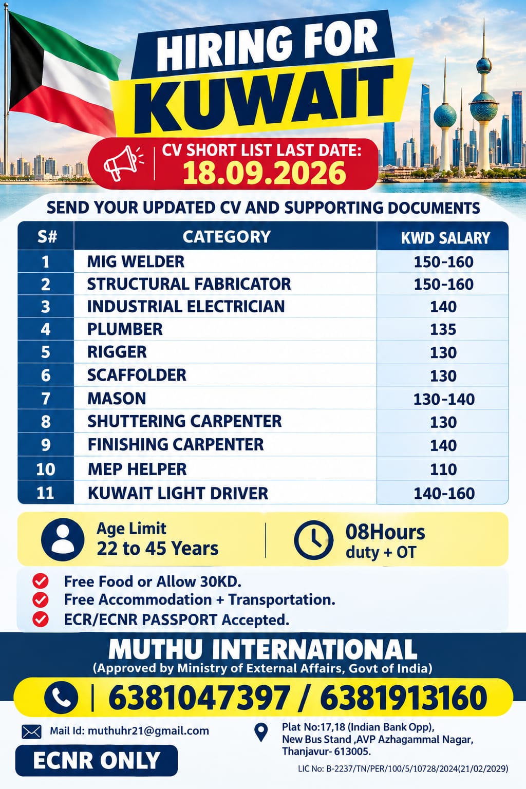 Multiple Skilled Trade Positions - Kuwait — MUTHU INTERNATIONAL, Kuwait
