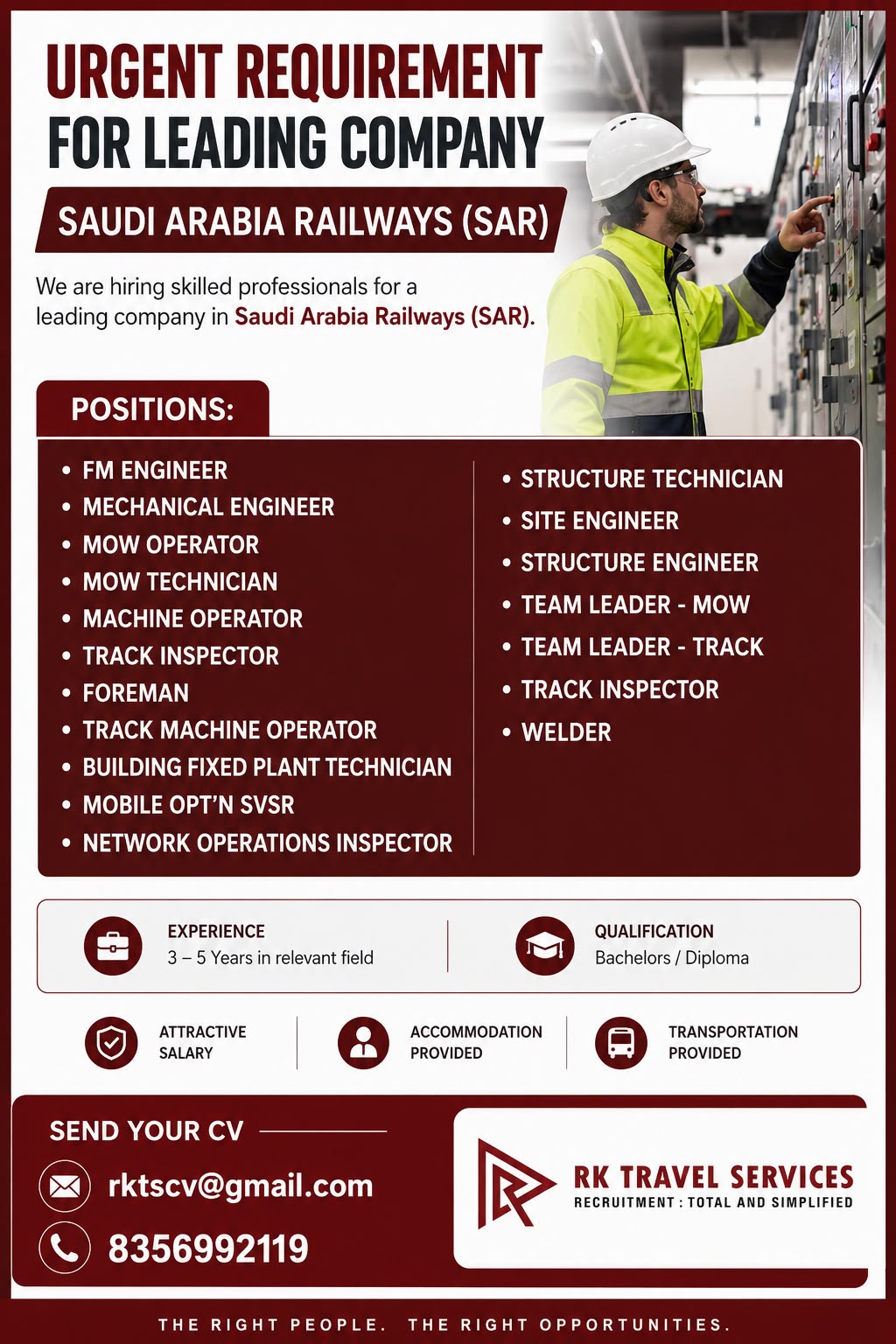 Urgent Requirement for Leading Company - Saudi Arabia Railways (SAR)