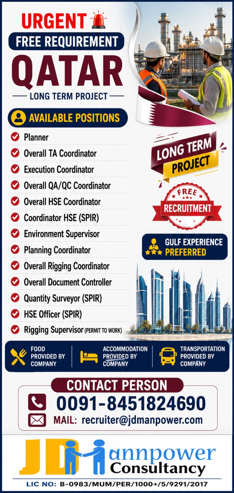 Long Term Project - Multiple Positions — JD Manpower Consultancy, Qatar