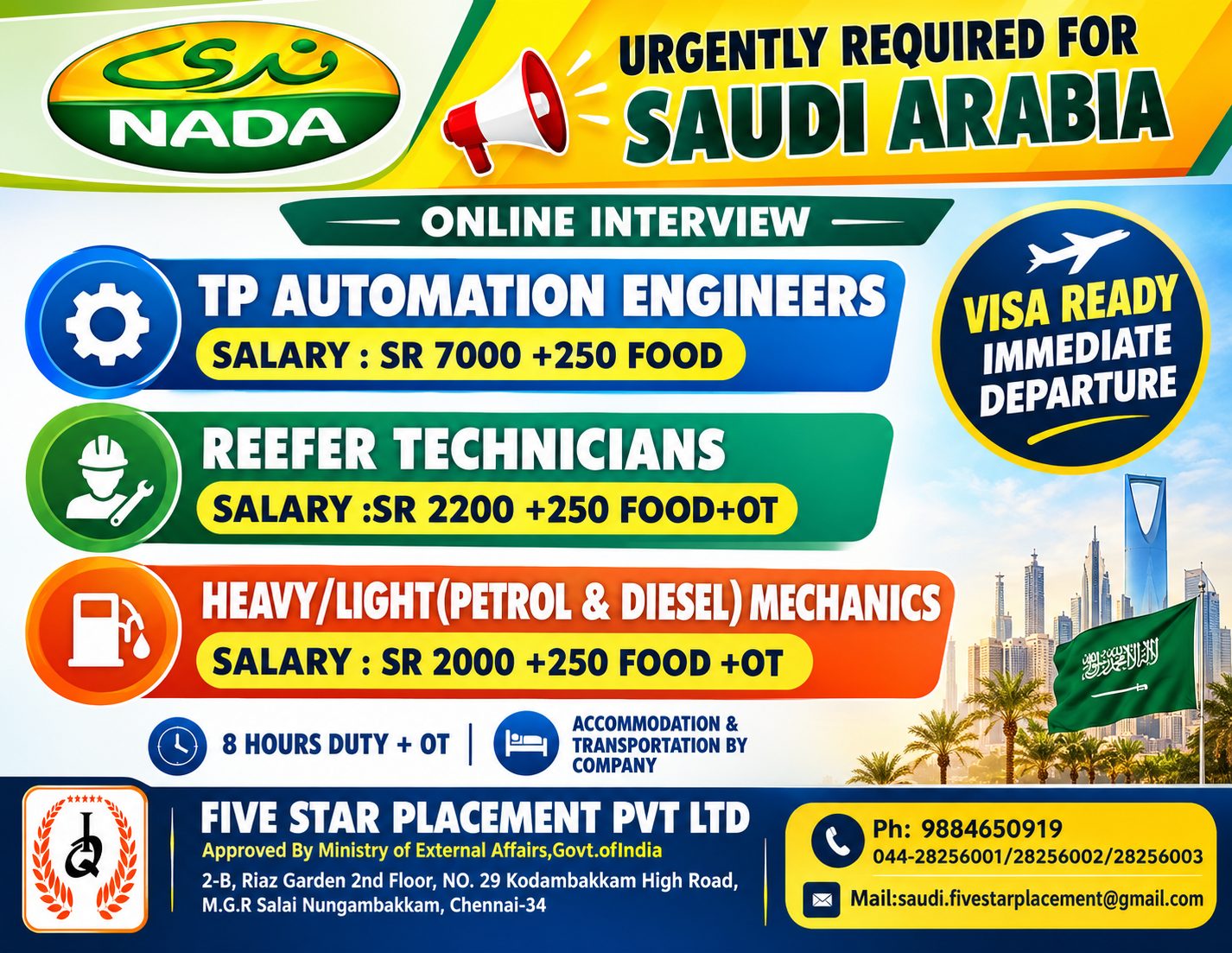 HEAVY/LIGHT(PETROL & DIESEL) MECHANICS,REEFER TECHNICIANS,TP AUTOMATION ENGINEERS — Five Star Placement Pvt Ltd, SAUDI ARABIA