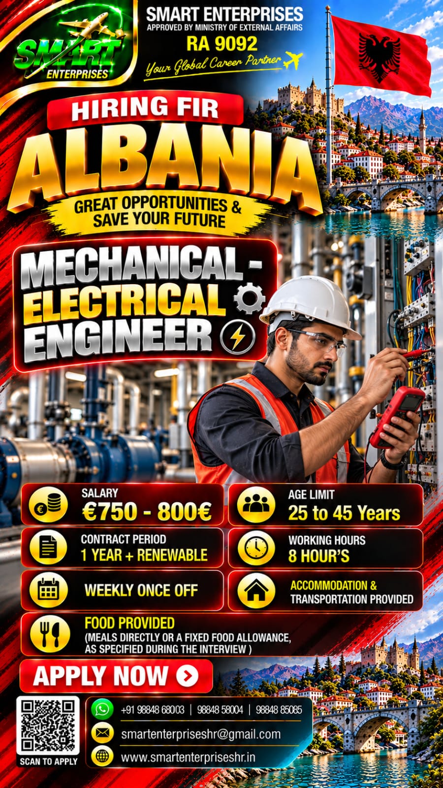 MECHANICAL - ELECTRICAL ENGINEER — smartenterpriseshr@gmail.com, ALBANIA