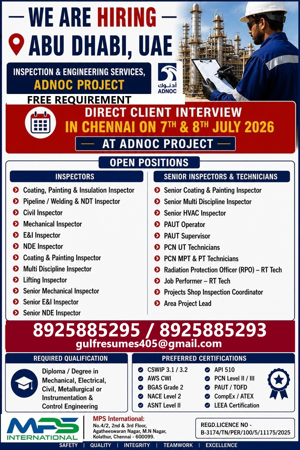 Inspection & Engineering Services - ADNOC Project — MPS INTERNATIONAL, United Arab Emirates, United Arab Emirates