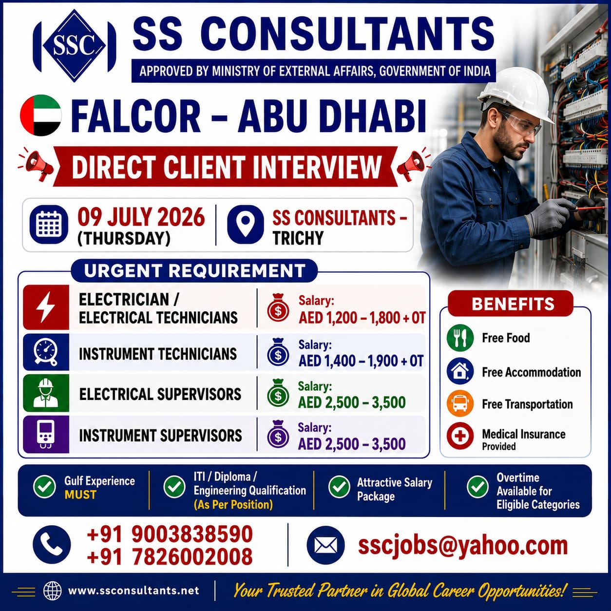 Electrician, Electrical Technician, Instrument Technician, Electrical Supervisor, Instrument Supervisor — SS Consultants, Madurai, United Arab Emirates, United Arab Emirates