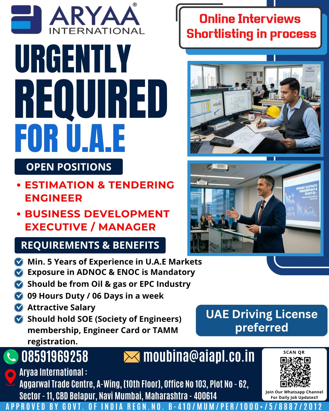 Estimation & Tendering Engineer / Business Development Executive Manager — Aryaa International, UAE, UAE