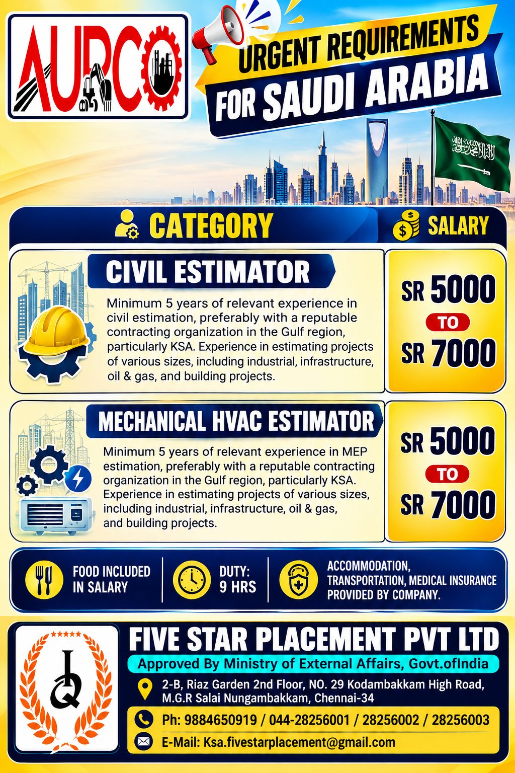 URGENT REQUIREMENTS FOR KSA - AURCO - ONLINE INTERVIEW