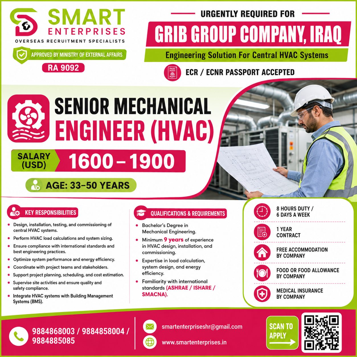 SENIOR MECHANICAL ENGINEER (HVAC) — smartenterpriseshr@gmail.com, IRAQ, IRAQ