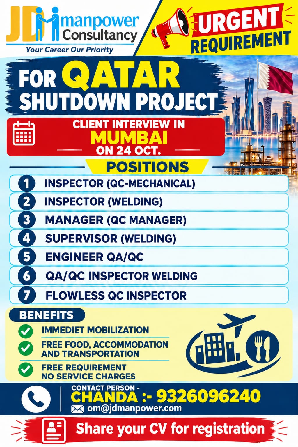 INSPECTOR (QC- MECHANICAL) — JD Manpower Consultancy, QATAR