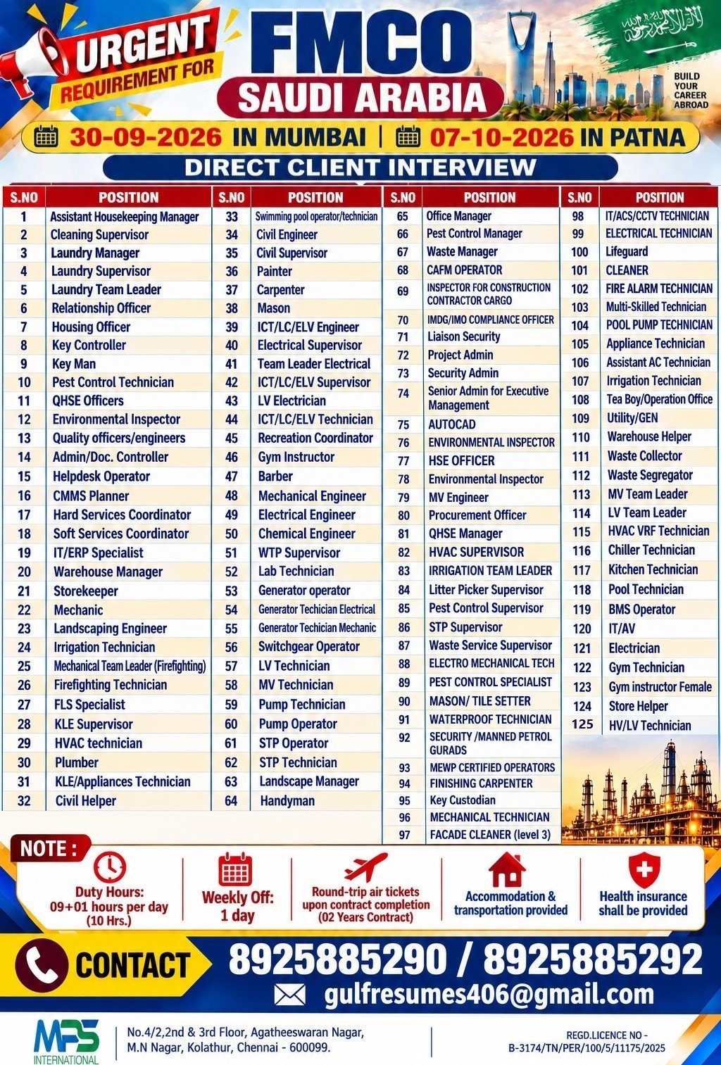Urgent Requirement for FMCO Saudi Arabia — MPS INTERNATIONAL, Saudi Arabia
