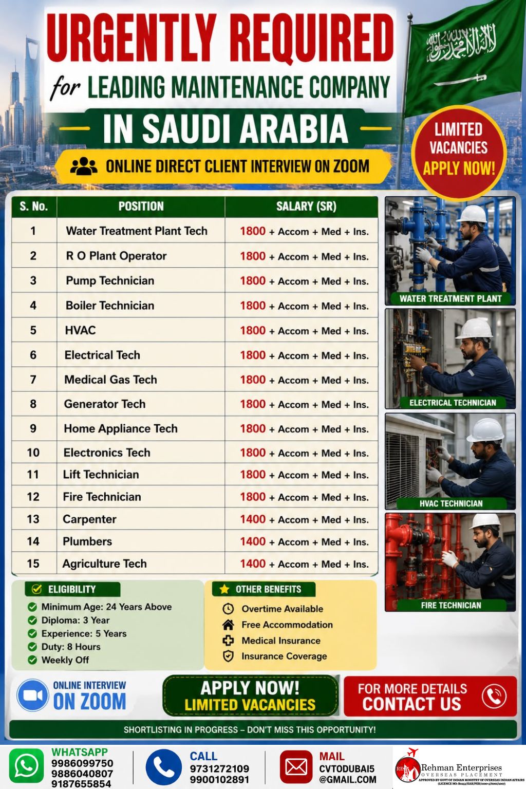 Urgently Required - Leading Maintenance Company in Saudi Arabia — Rehman Enterprises, Saudi Arabia, Saudi Arabia