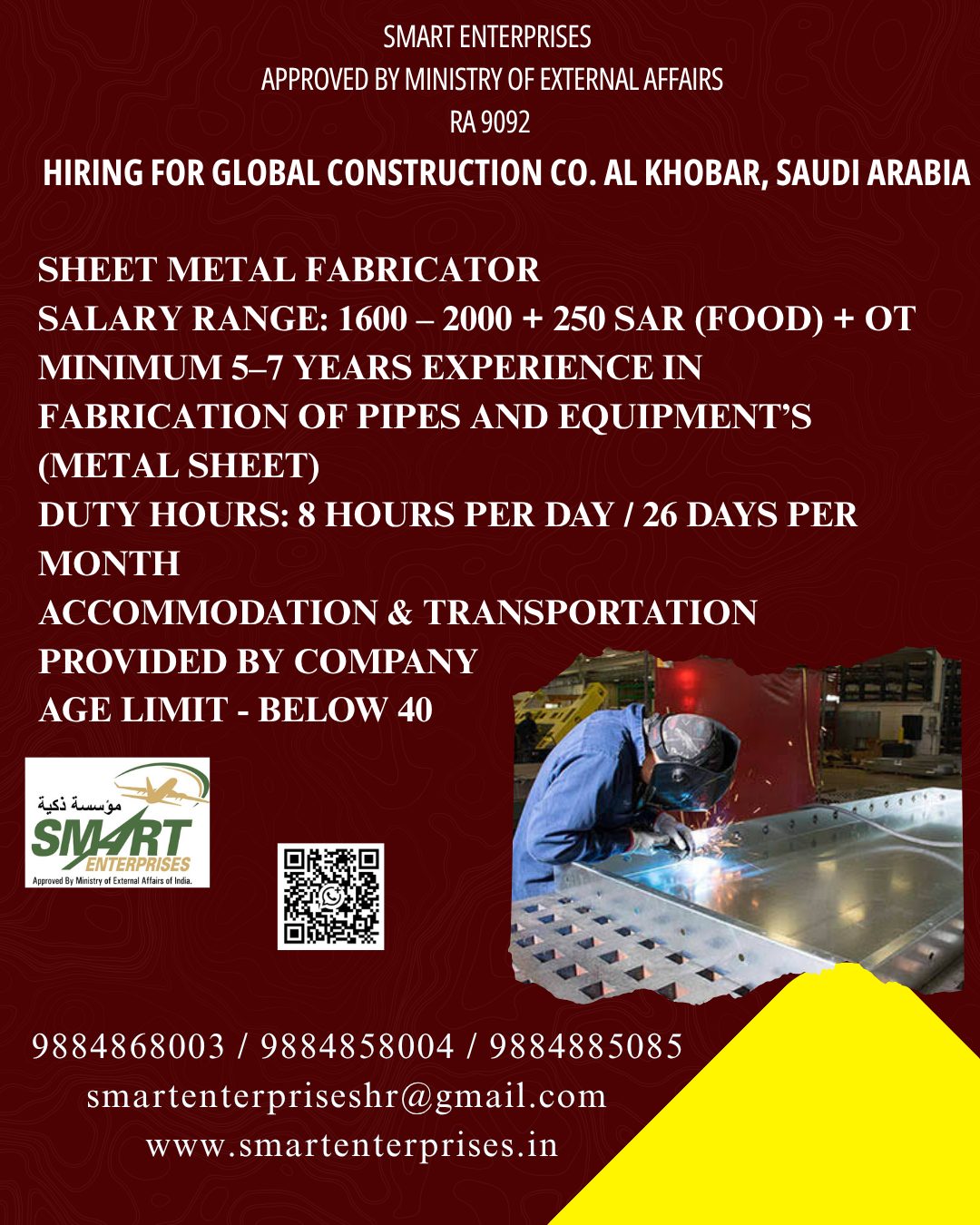 SHEET METAL FABRICATOR — smartenterpriseshr@gmail.com, SAUDI ARABIA, SAUDI ARABIA
