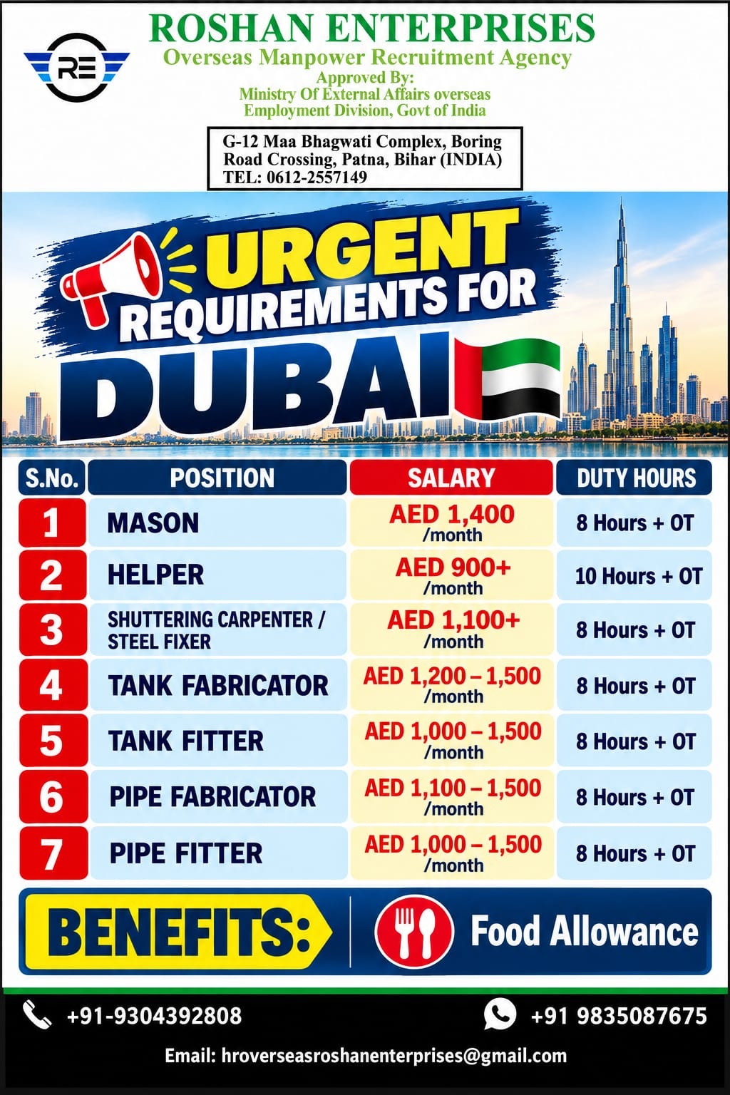 Urgent Requirements for Dubai0 — M/S  Roshan Enterprises, United Arab Emirates